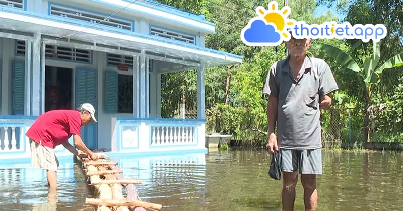 Nước ngập sân, gia đình ông Trần Công Định phải bắc cầu gỗ tạm để vào nhà